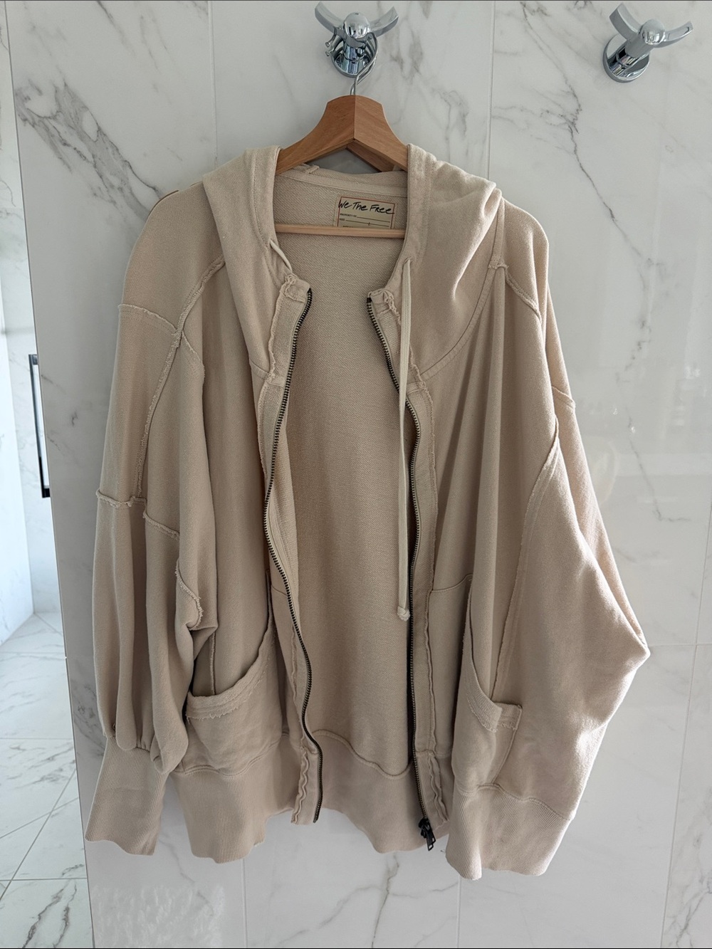 Free People Oversized Zip-Front Hoodie Jacket in Beige